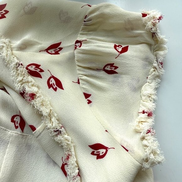 Reformation Wrap Dress Womens S Cream Red Floral Frayed Trim Viscose Short Sleev - Picture 3 of 6